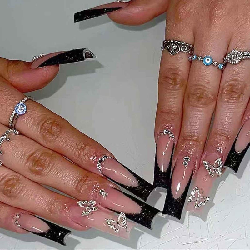 Foccna Press on Nails Long Rhinestone Pink Fake Nails Black Square Bling Glossy Artificial Nails Finger Manicure for Women and Girls-24pcs (Long Nails 1) - Image 1